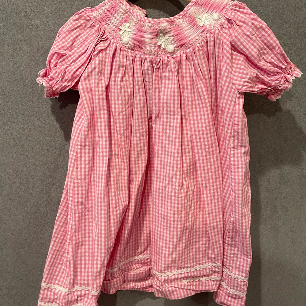 Pink Smocked Dress with bunny detail at neckline